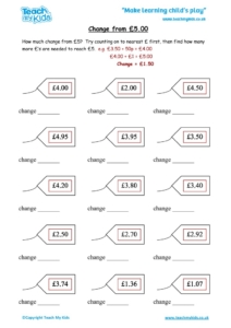 Worksheets for kids - change-from-£5